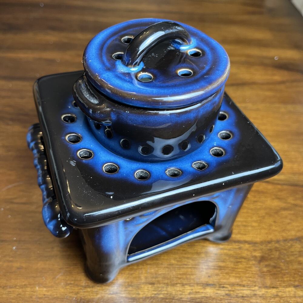 Blue Glazed Ceramic Miniature Stove and Pot Oil Warmer Tea Light Diffuser Set
